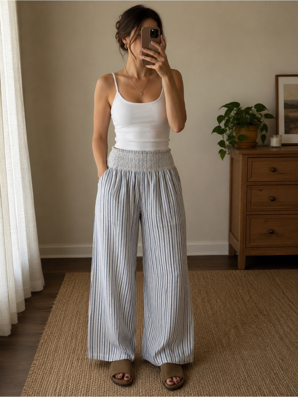 Indigo Rein Linen Blend Blue White Stripe Wide Leg Pants Size L